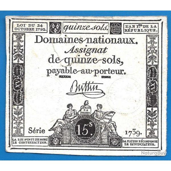 France Assignat 15 Sols 1792 An 1 De La R�publique Signature Buttin