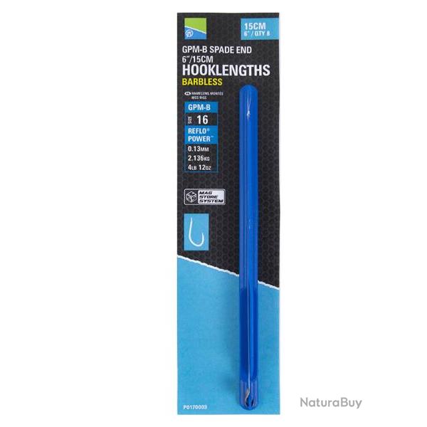PRESTON BAS DE LIGNE MAG STORE GPM-B HOOKLENGTHS BARBLESS 0,13mm 16 6''15cm