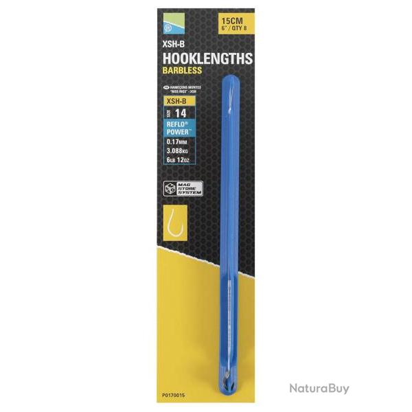 PRESTON BAS DE LIGNE MAG STORE XSH-B HOOKLENGTHS BARBLESS 0,17mm 12 6''15cm