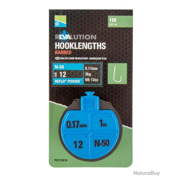 PRESTON BAS DE LIGNE REVALUTION N50 HOOKLENGTHS 1M PRESTON 0,17mm 12
