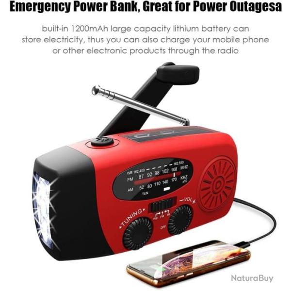 Radio d'Urgence Solaire 2000mAh Portable AM/FM/NOAA M�t�o Manivelle Piles Chargeur de Batterie Rouge