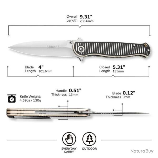 Couteau CIVIVI RS71 Dagger Ivory/Black Lame Acier Nitro-V Satin Manche G10 IKBS Linerlock CIVC230251