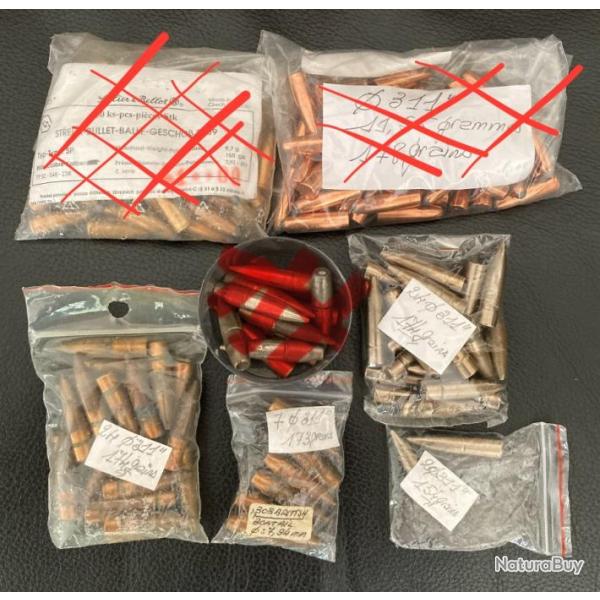 Lot de 57 ogives diam�tre 311" de 150 � 178 grains.