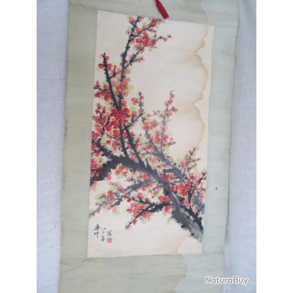 161) estampe Japonaise   en rouleau. Peinture sur papier = arbre fleuri , sign�