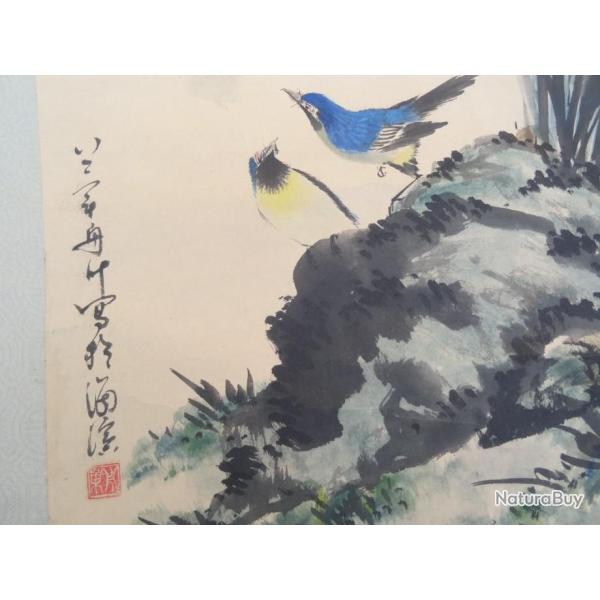 162) estampe Japonaise  sign�e =  en rouleau = Peinture sur papier = oiseaux chantants