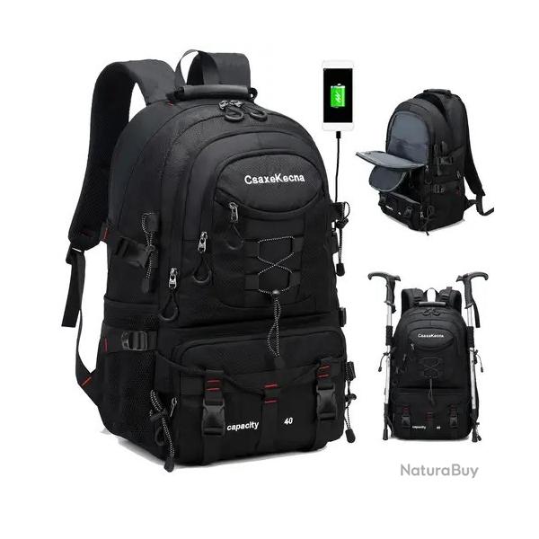 Sac � Dos Randonn�e Etanche 40L avec port USB pour Camping l'Escalade les Aventures Plein Air Noir