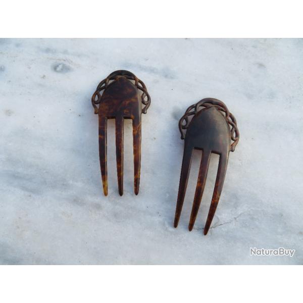 VINTAGE - Ancienne paire de peigne a cheveux/diad�me en bak�line fa�on �caille de tortue (Vers 1900)