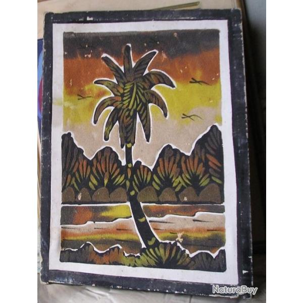 TABLEAU AFRICAIN PALMIERS SUR TOILE, GENRE FEUTRINE
