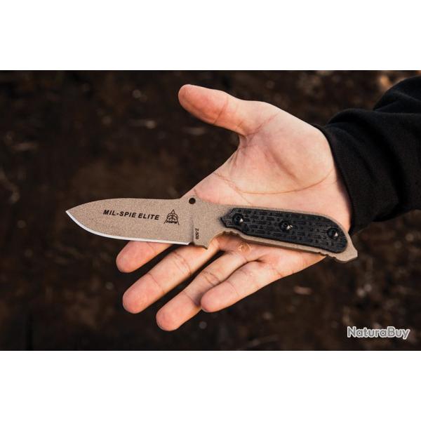 Couteau Tops Mil-Spie3 Elite Tan Lame Acier Carbone 1095 Manche Black Micarta Etui USA TPMIL3EBCM