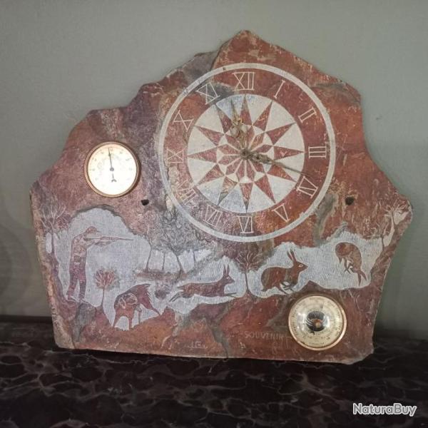 sc�ne de chasse grav� sur pierre avec horloge , thermom�tre et barom�tre
