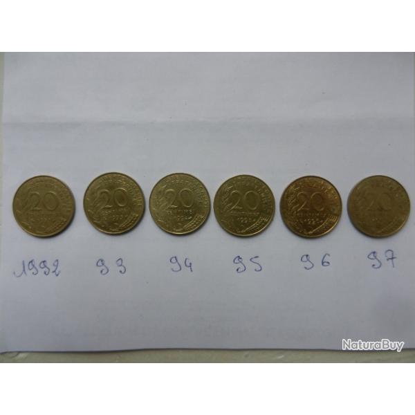 France - 6 pi�ces de 20 centimes 1992 1993 1994 1995 1996 1997
