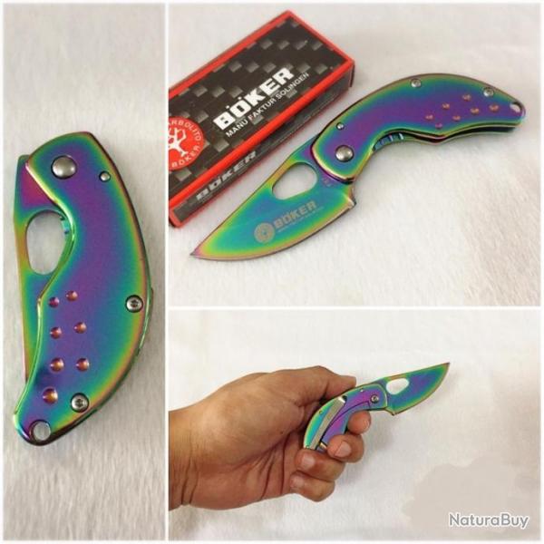 Joli Petit Couteau Lame Acier Compacte 5 cm Revetue Titane Manche Acier 7,5 cm