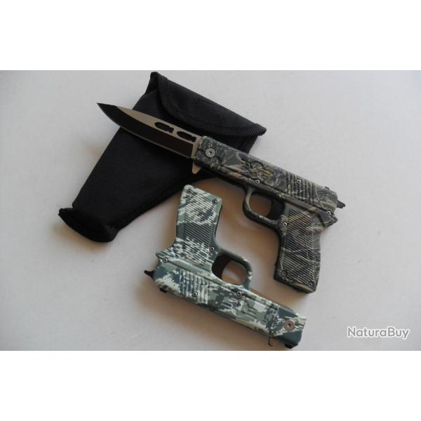 Camouflage Couteau Pliant de Poche PISTOLET Lame Acier 9 cm Etui Outdoor