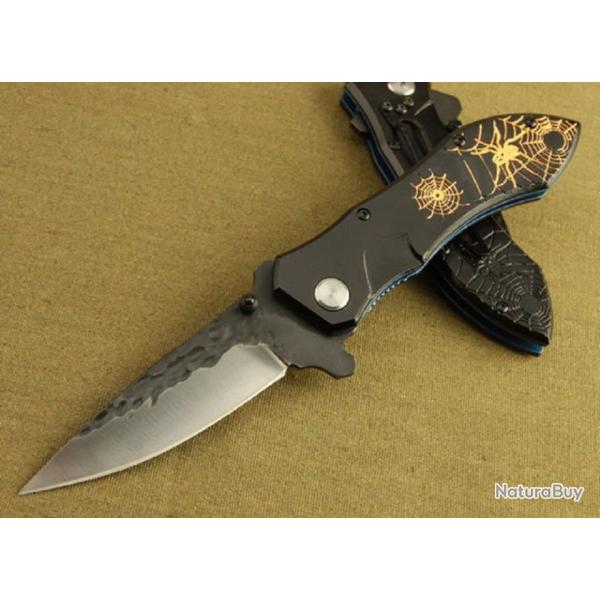 Couteau Pliant De Poche Spider Lame Relief 8,5 Cm Manche Acier Grav� 11 Outdoor
