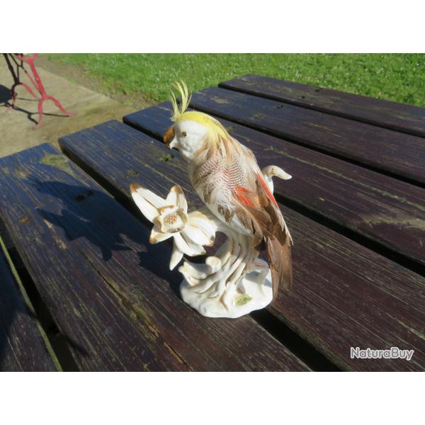 Ancien figurine de perroquet branch� en porcelaine avec ornementation de vraies plumes - JAPON