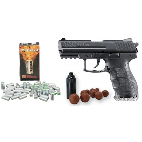 Pack d�fense pr�t � tirer Pistolet d'alarme HKP30 calibre 9mm PAK + 50 munitions + Embout self gomm