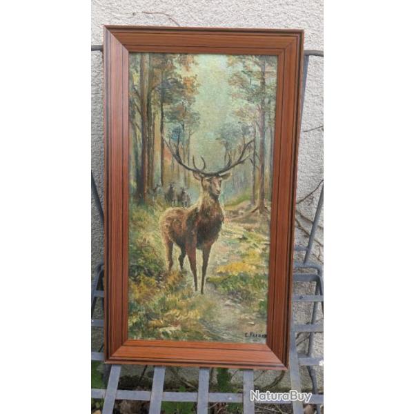 Superbe tableau ancien ann�es 30. Cerf et ses biches � l'or�e du bois.
