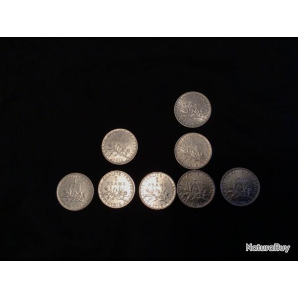 8 pi�ces 1 francs argent semeuse 1919-1916-1918-1919-1920