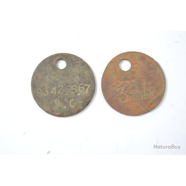 Lot x 2 jeton de marquage dog taxe ? Chien ? soldat militaire WW1 WW2