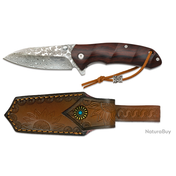 Albainox 18920 Couteau pliant Bear Damascus - lame damas, manche bois, ouverture manuelle