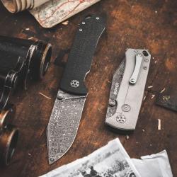 B&ouml;ker Tiger Damascus - Couteau Pliant de Collection en Acier Damas (Tiger I) - Micarta Gris