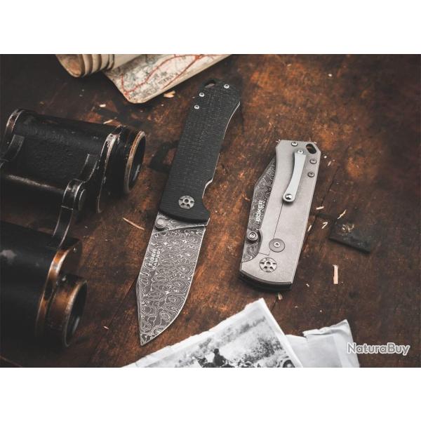 B�ker Tiger Damascus - Couteau Pliant de Collection en Acier Damas (Tiger I) - Micarta Gris