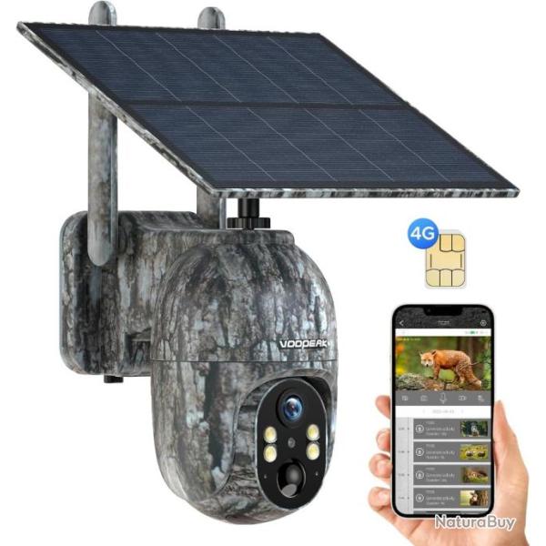 Cam�ra de Chasse 4G Solaire avec Carte SIM, 2,5K Vision Nocturne Infrarouge IP66 �tanche