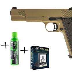 Pack de Noel r&eacute;plique GBB Raven 1911 MEU Tan 1J + billes + cible + gaz