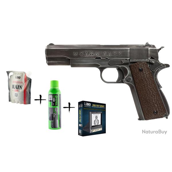Pack de Noel r�plique GBB AWC 1911 Molon Labe 1J + billes + cible + gaz