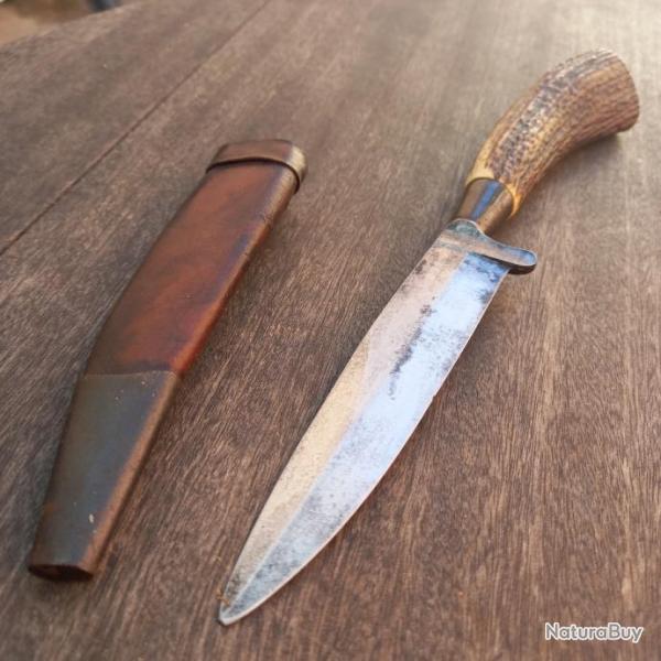 Magnifique Ancien Grand Couteau de Chasse NICKER  Manche en Bois de Cerf avec �tui
