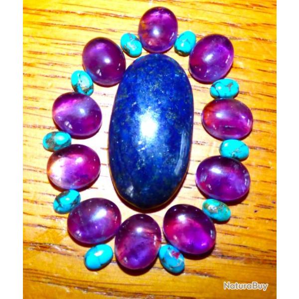 TB- LOT DE PIERRES SEMI PRECIEUSES: CABOCHON DE LAPI-LAZULI +10 AMETHYSTES+10 TURQUOISES POLIES-