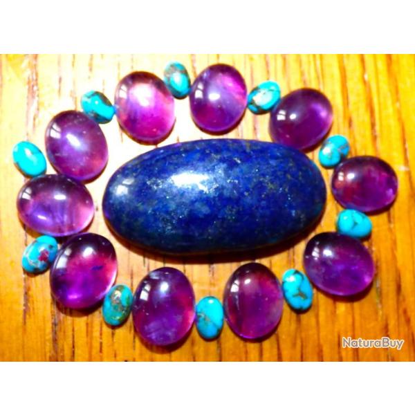 TB- LOT DE PIERRES SEMI PRECIEUSES: CABOCHON DE LAPI-LAZULI +10 AMETHYSTES+10 TURQUOISES POLIES-