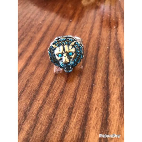 Bague t�te de lion multi turquoises - argent sterling 925 - H taille 69