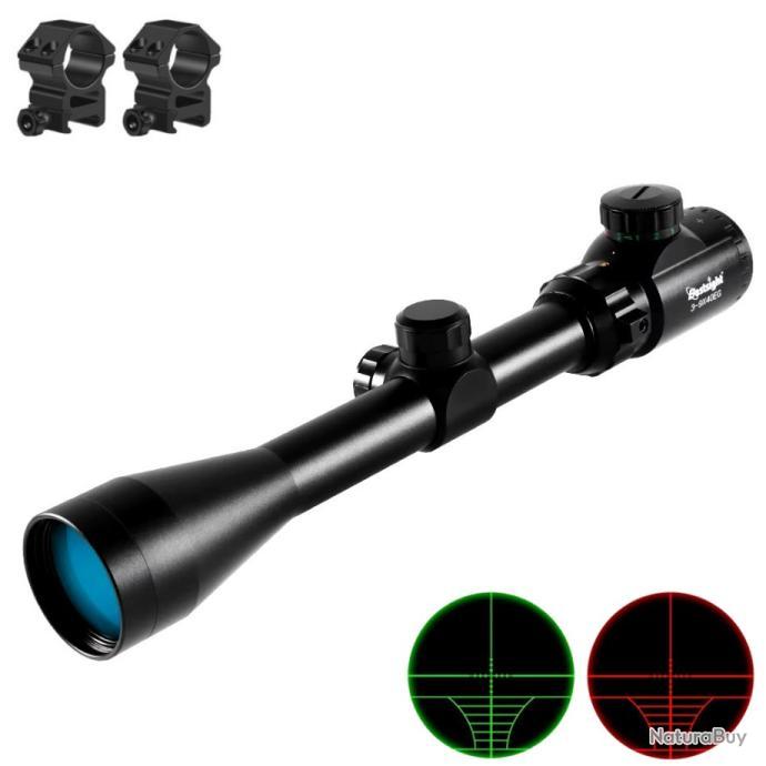 UniqueFire Lunette De Visée 3-9x32EG Rouge et Vert Lumineux Riflescope Sight avec 11mm/20 mm Picatinny Rail Mount & 20mm Tri-Rail