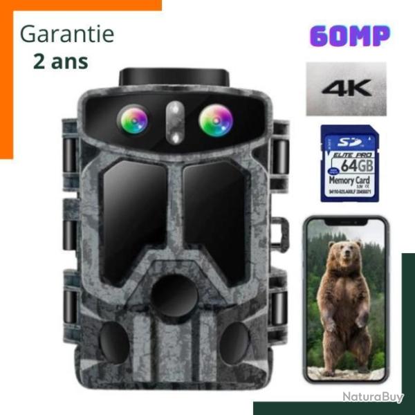Garantie 2 ans - Cam�ra de chasse double cam�ra 4K UHD 60MP - Double cam�ra - Carte 64go offerte