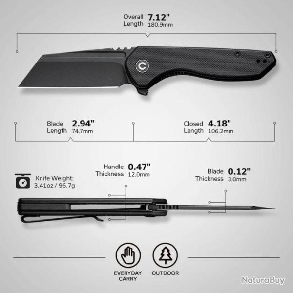 Couteau CIVIVI ExOne Black Manche G10 Lame Tanto Reverse Nitro-V Blk IKBS Linerlock Clip CIVC230361
