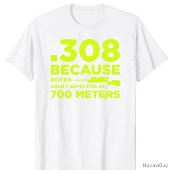 T-shirt ".308 BECAUSE ROCKS AREN'T EFFECTIVE AT 700 METERS" - Blanc et jaune