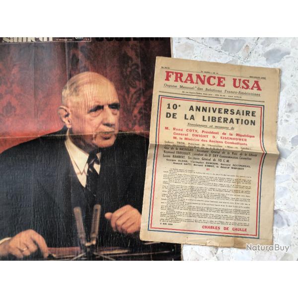 lot 2 JOURNAUX sur le G�n�ral de GAULLE : PARIS USA 1954 Lib�ration + PARIS SOIR 1970 SOUVENIR appel