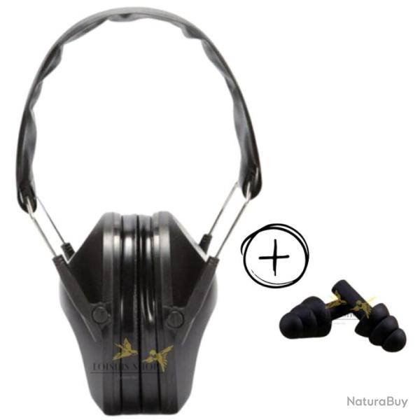Casque anti-bruits r�glable et pliable noir sous blister + bouchons d'oreilles r�utilisables