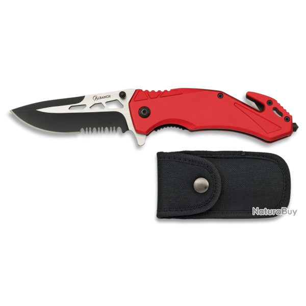 Albainox 19908 - Couteau de sauvetage rouge avec coupe-ceinture et brise vitre - �tui nylon