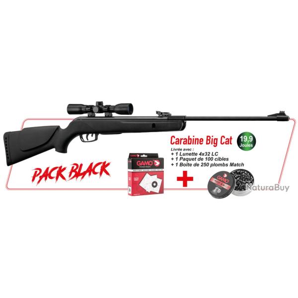 Pack Carabine Big Cat + Lunette 4x32 LC + 100 cibles + 250 plombs Match Gamo CAL4.5 19.9J