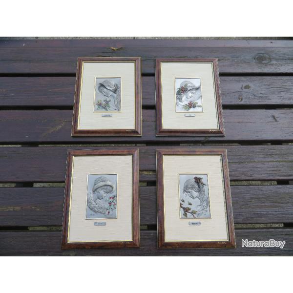 Ancien Tableaux relief en �tain estamp�s repr�sentant les quatre Saisons de l'ann�e (Vers 1960-70)