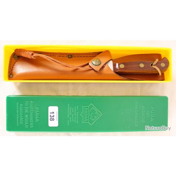Ancien couteau de chasse PUMA 12 6390, manche jaracanda, 1990, �tui et bo�te d'origine