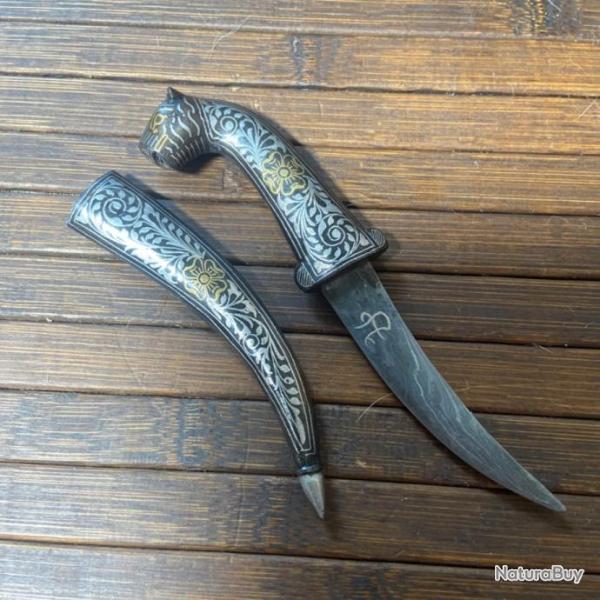 MAGNIFIQUE BIJOU MINI POIGNARD INDO - PERSANS ENTI�REMENT DAMASQUIN� D'OR ET D'ARGENT