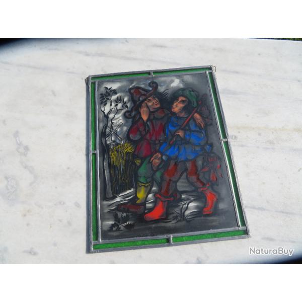 VINTAGE - Ancien grand panneau, cadre vitrail d�coratif repr�sentant une sc�ne rurale Flamande (XX�)