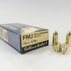 Cartouches SELLIER & BELLOT Calibre 7,65 BROWNING (32 ACP / 32 AUTO) 73grs FMJ - Boite de 50 unit&eacute;s