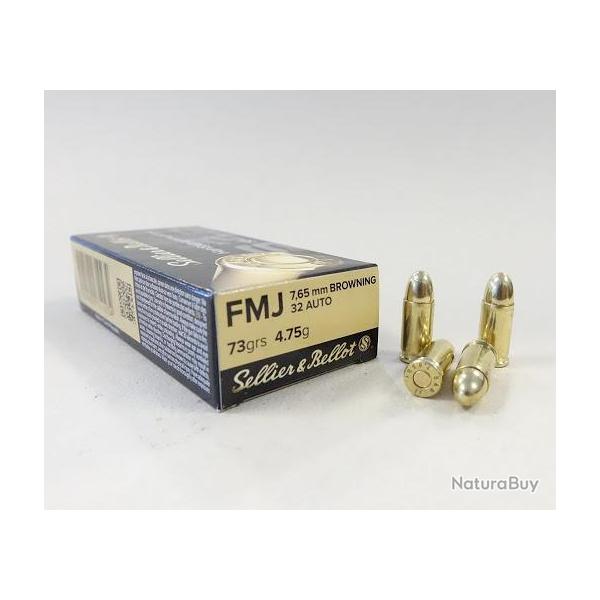 Cartouches SELLIER & BELLOT Calibre 7,65 BROWNING (32 ACP / 32 AUTO) 73grs FMJ - Boite de 50 units