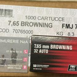 CARTON de 20 boites de 50 munitions Fiocchi 7.65 Browning 73 gr FMJ LIV GRATIS