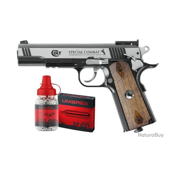 PACK PISTOLET COLT + CARTOUCHES CO2 + CIBLES + PORTE CIBLES + BILLES D'ACIER