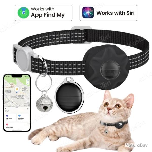 Collier Chat GPS Smart AirTag pour iPhone Apple Find My, Couleur: Noir